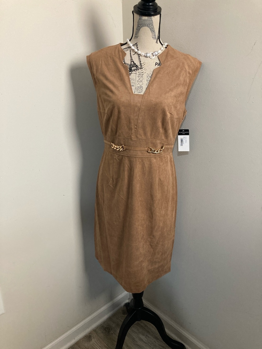 Tahari ASL Tan Faux-Suede Midi Sheath Dress with Chain Accent